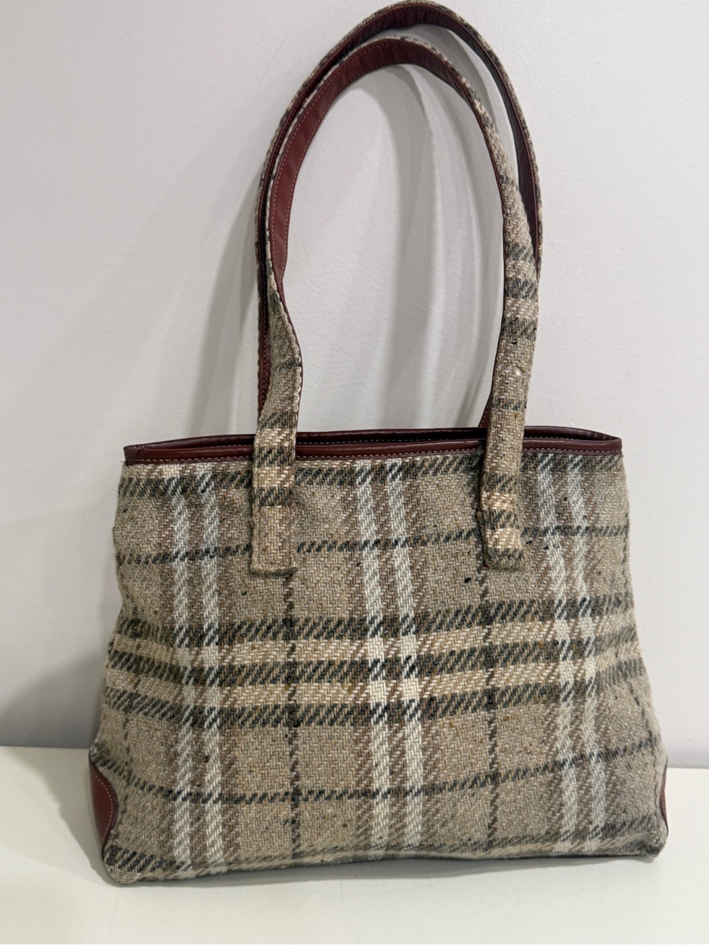 Burberry Plaid Tweed Tote Bag with Brown Trim - Picture 4 of 14
